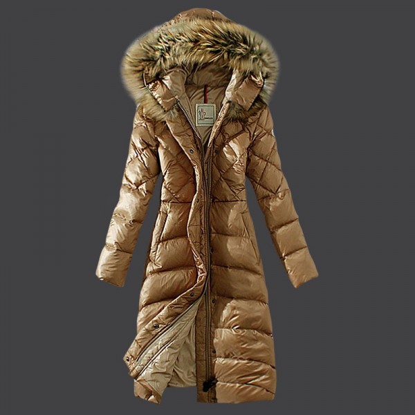 Moncler Donna sottile lungo Giù cappotto Khaki Presa M1114